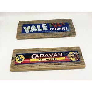 2 Vintage Fruit Crate Labels Wood Wall Plaques Vale Cherries Caravan Nectarines